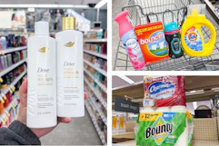 collage image of dove shampoo, bounty and charmin paper products, and febreze, bounce, downy, and tide