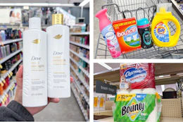 collage image of dove shampoo, bounty and charmin paper products, and febreze, bounce, downy, and tide