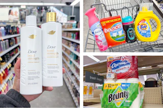 collage image of dove shampoo, bounty and charmin paper products, and febreze, bounce, downy, and tide