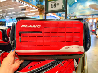 a red and black tackle box