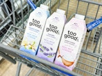 Too Good & Co. coffee creamers in a Walmart cart
