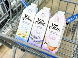 Too Good & Co. coffee creamers in a Walmart cart