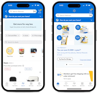 Two phones showing offers on the Walmart app