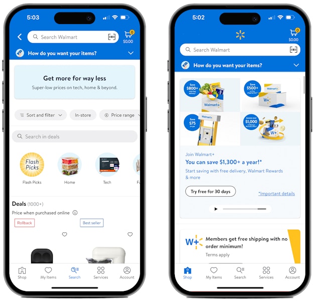 Two phones showing offers on the Walmart app