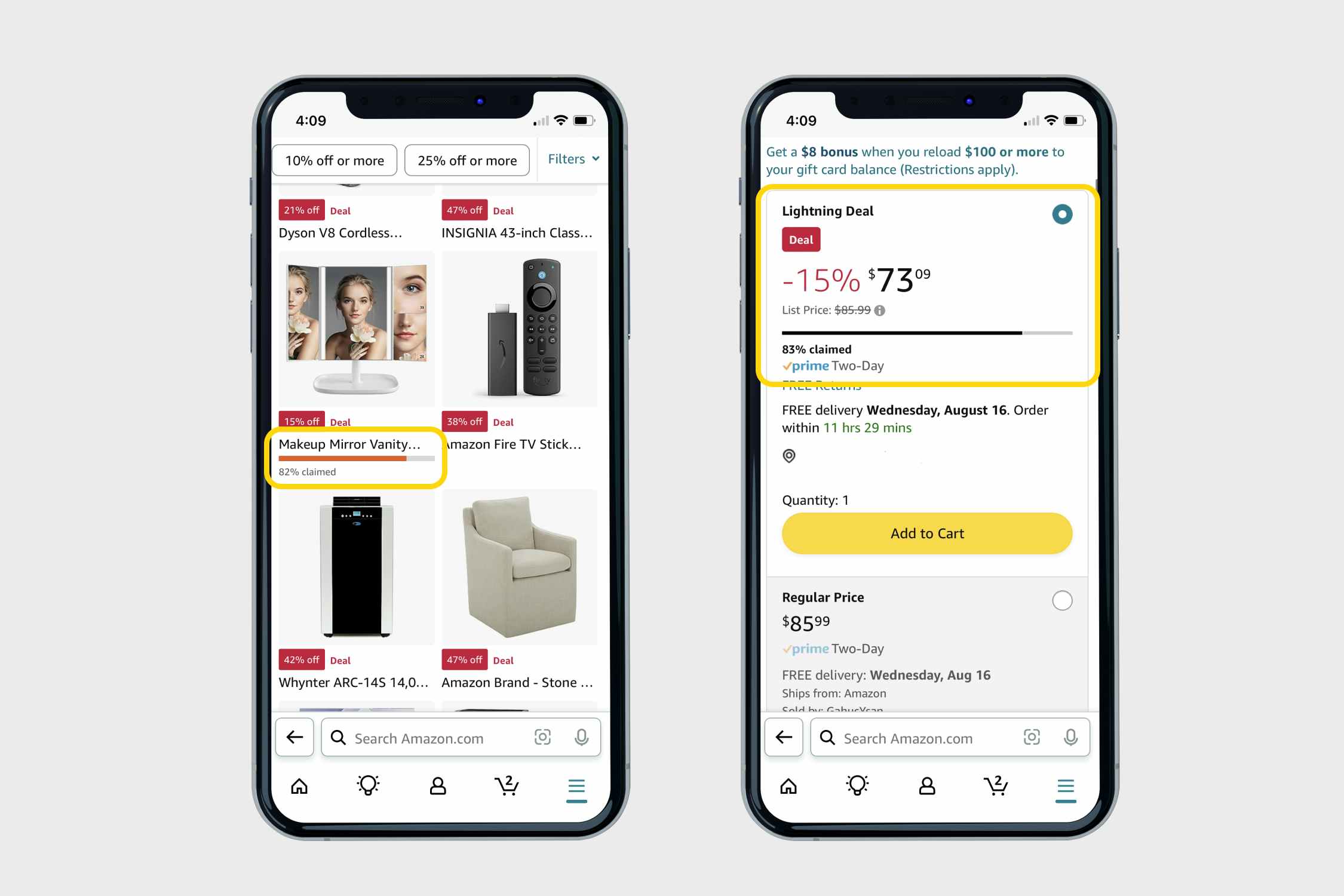 iphone screenshots with amazon lightning deals and amount claimed