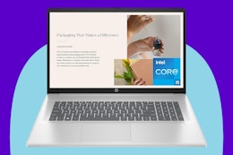 HP 17 inch Laptop, HD+ Display on a blue background.