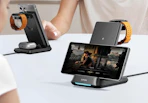 a phones and smart watches on a portable charging station
