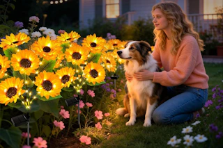 a woman and dog next to flowers