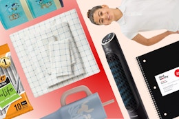 BIC pens, Room Essentials sheet sets, Disney tumblers, Bluey food storage, Cat & Jack uniform tee, notebooks, fan