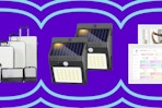 white luggage set, solar lights, and white digital calendar