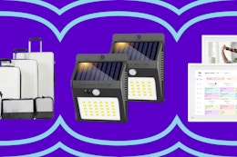 white luggage set, solar lights, and white digital calendar