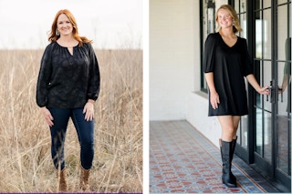 Two lifestyle images of women's Pioneer Woman clothing being modeled outdoors