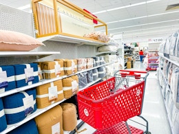 target cart parked in a bedding aisle