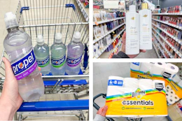 collage image of propel water, bounty paper towels, and dove shampoo