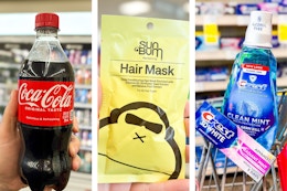 collage image of coca-cola, sun bum hair mask, and crest oral care