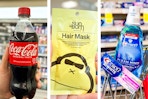 collage image of coca-cola, sun bum hair mask, and crest oral care