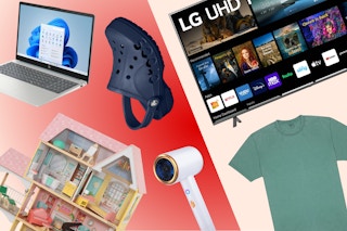 HP laptop, Crocs adult clogs, Kidskraft dollhouse, LG smart tv, fruit of the loom men's shirt, white ionic hair dryer