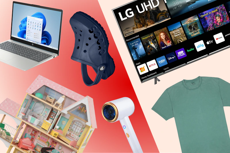 HP laptop, Crocs adult clogs, Kidskraft dollhouse, LG smart tv, fruit of the loom men's shirt, white ionic hair dryer