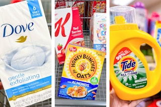 collage with soap bars, cereal boxes, and detergent bottle