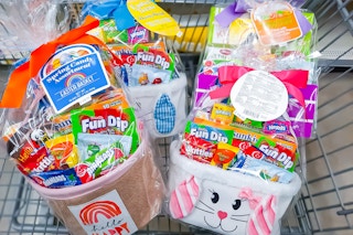 Premade Easter baskets in Walmart shopping cart