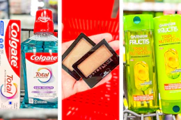 collage image of colgate oral care, maybelline eyeshadow, and garnier shampoo