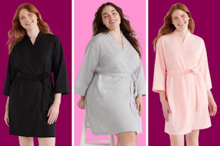 black, light gray, and light pink robes on a maroon and pink background