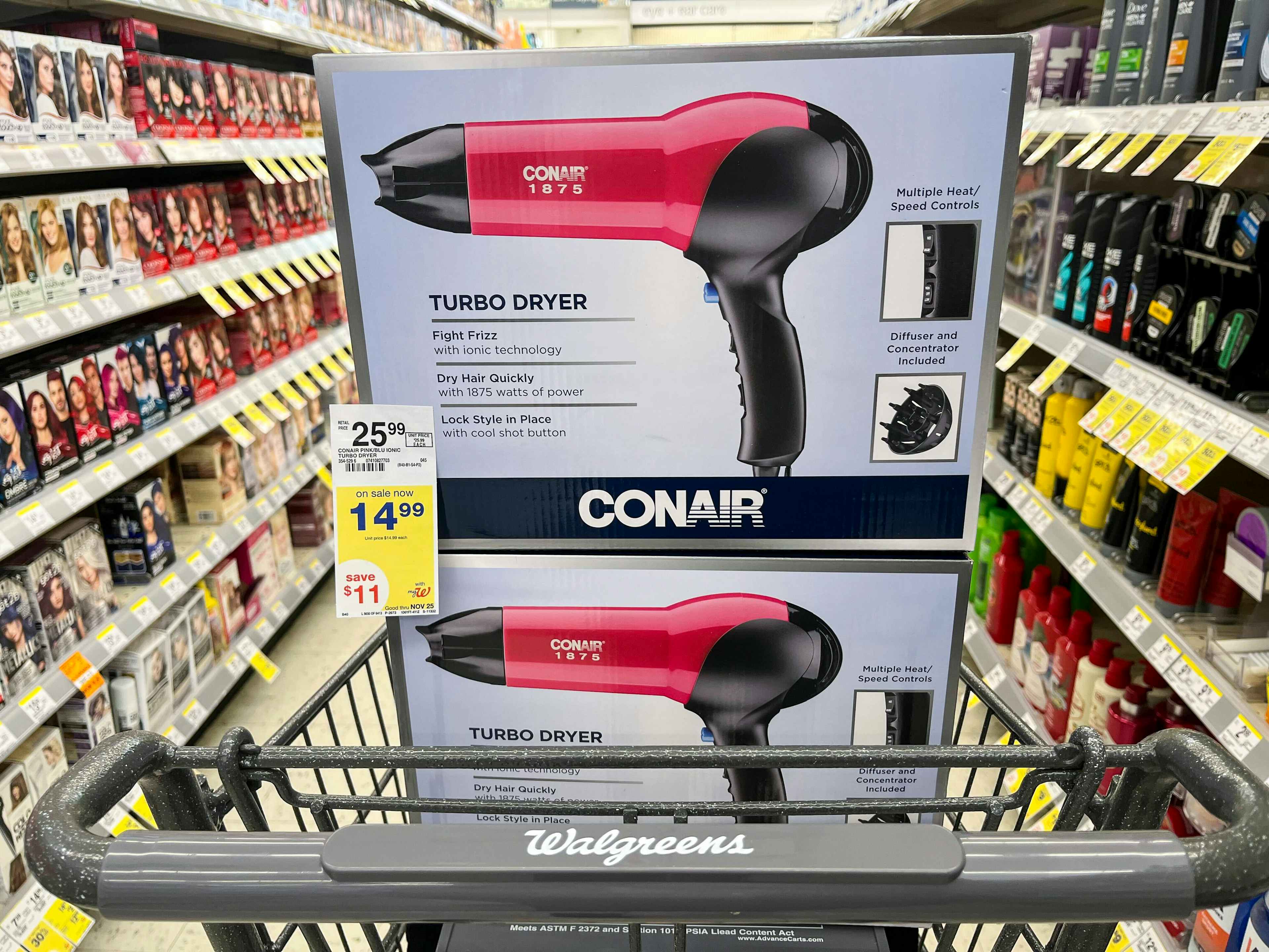 blow dryers with sale tag in a shopping cart