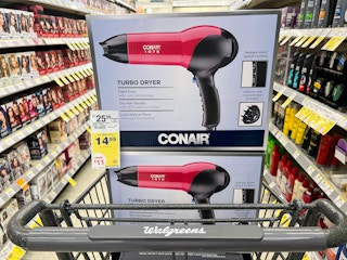 blow dryers with sale tag in a shopping cart