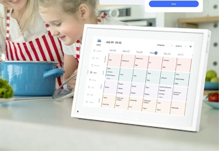 10-inch digital calendar on a white countertop