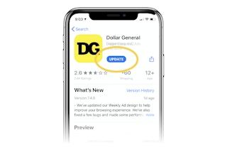 phone screen shows DG app in app store with update circled