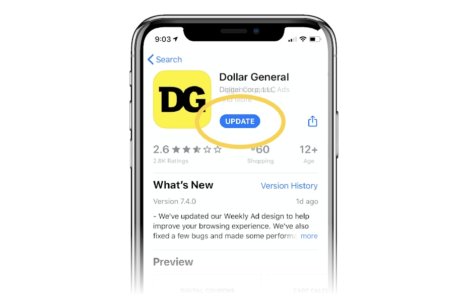 phone screen shows DG app in app store with update circled