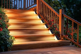 Lifestyle image of the Nordic Solar Light set of 8 used on deck stairs