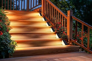 Lifestyle image of the Nordic Solar Light set of 8 used on deck stairs
