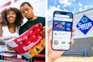 people shopping at bj's and someone holding a phone outside of sam's club