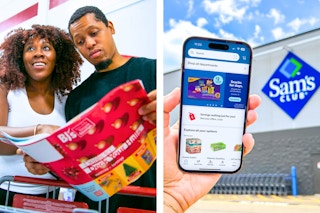 people shopping at bj's and someone holding a phone outside of sam's club