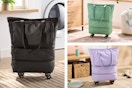 Lifestyle images of Black, green & purple Birghroom Rolling Tote Bags