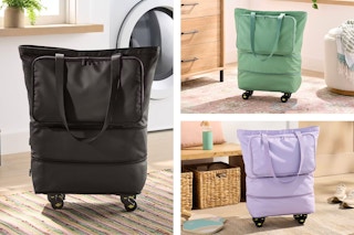 Lifestyle images of Black, green & purple Birghroom Rolling Tote Bags