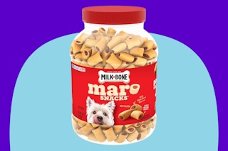 Milk-Bone MaroSnacks Small Dog Treats With Bone Marrow, 40 Ounce Container on a blue background.