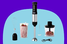 WHUTO Cordless Immersion Hand Blender on a blue background.
