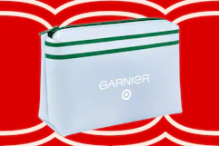 White Garnier makeup bag with green stripe and Target logo, on a red background