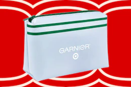 White Garnier makeup bag with green stripe and Target logo, on a red background