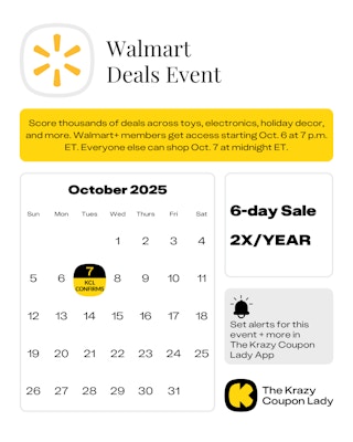 Calendar graphic of Walmart Deals Event confirmed for oct 7 2025