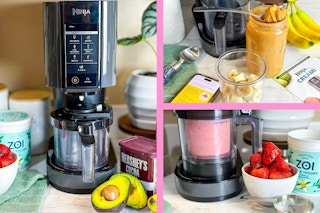three images of a ninja creami and ingredients on a kitchen counter to make easy ice cream recipes