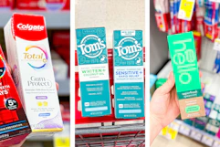 collage image of colgate, tom's, and hello toothpaste