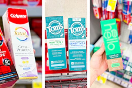 collage image of colgate, tom's, and hello toothpaste