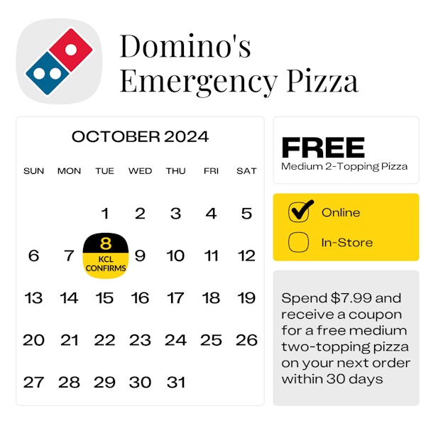 a calendar showing the start day of dominos emergency pizza promotion