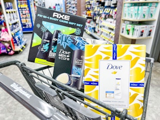 Dove and axe body gift sets in a walgreens cart