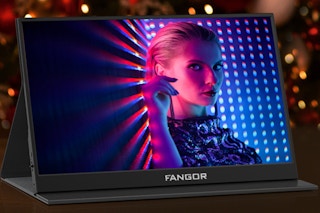 a portable monitor with a woman on the screen