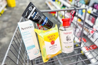 skincare items in a cart