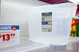 storage bins in a store aisle